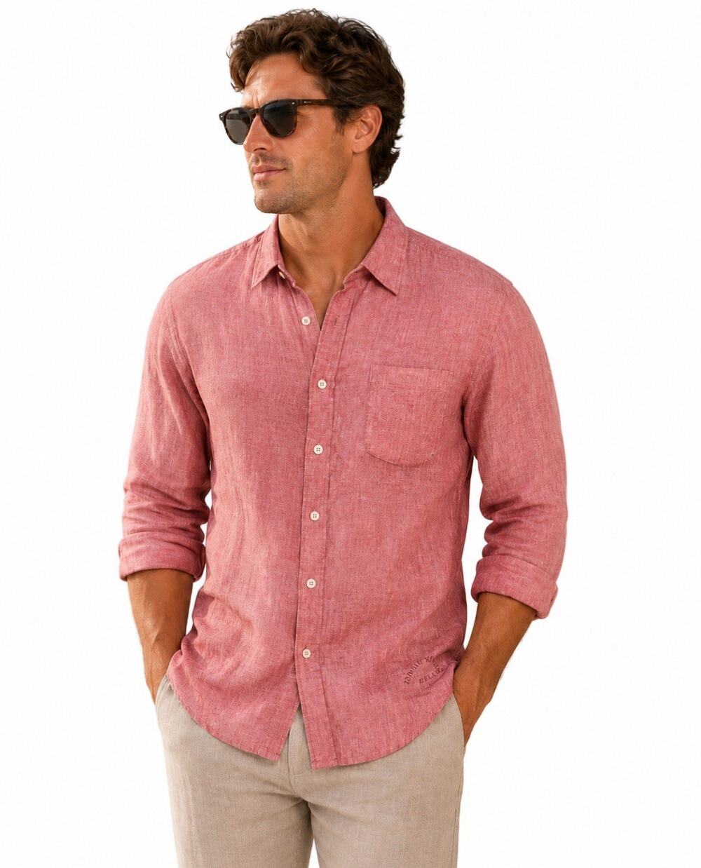 Coastal resort Beach Tommy Bahama Relax Linen Shirt Large Coral Red Long Sleeve